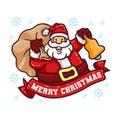 Santa claus Christmas character brink a sack of gift and holding a bell. vector illustration