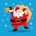 Santa claus Christmas character brink a sack of gift and holding a bell. vector illustration