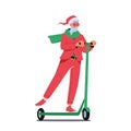 Santa Claus Christmas Character Riding Electric Scooter. Cool Trendy Father Noel in Stylish Red Festive Suit and Hat