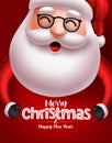 Santa claus christmas character vector concept. Santa claus with long beard happy talking with merry christmas greeting text.