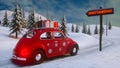 Santa Claus Christmas 3d rendering. Funny Santa Claus rides in a red car with gifts in a festive winter city. Fireworks