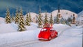 Santa Claus Christmas 3d rendering. Funny Santa Claus rides in a red car with gifts in a festive winter city. Fireworks