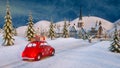 Santa Claus Christmas 3d rendering. Funny Santa Claus rides in a red car with gifts in a festive winter city. Fireworks