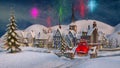 Santa Claus Christmas 3d rendering. Funny Santa Claus rides in a red car with gifts in a festive winter city. Fireworks