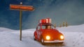 Santa Claus Christmas 3d rendering. Funny Santa Claus rides in a red car with gifts in a festive winter city. Fireworks
