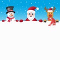 Santa Claus, Christmas deer and snowman peeking from behind a white sheet.