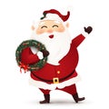 Santa Claus with Christmas fir Wreath , waving hand isolated on white background. Royalty Free Stock Photo