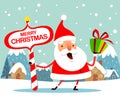 Santa Claus with Christmas gift box present and North Pole signboard