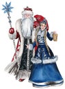 Santa Claus with Christmas stick, long white beard in red coat with white ornament and Snow Maiden in a blue coat. Watercolor hand