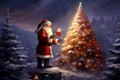 Santa Claus and christmas tree on background of the night sky Royalty Free Stock Photo