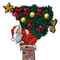 Santa Claus with a Christmas tree climbs the chimney. Isolate on Royalty Free Stock Photo