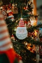 Santa Claus Christmas tree decoration ornament on a branch with lights on Royalty Free Stock Photo