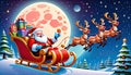 Santa Claus Christmas tree flight reindeer flying large moon Royalty Free Stock Photo