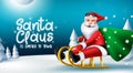 Santa claus christmas vector design. Santa is coming to town text with character riding in sled and holding gift bag element. Royalty Free Stock Photo