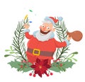 Santa Claus in a Christmas wreath smiling and waving hand. Vector illustration, isolated on white background. Royalty Free Stock Photo