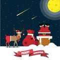Santa Claus climbed down the chimney with gift bags and reindeer on the roof at night. Royalty Free Stock Photo