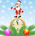 Santa claus, clock and green branches with toys Royalty Free Stock Photo