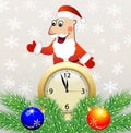 Santa claus, clock and green branches with toys Royalty Free Stock Photo