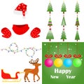 Santa Claus clothes, Christmas tree, Christmas garland, sled with Santa Claus deer. New Year`s set. Royalty Free Stock Photo