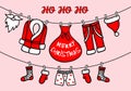 Santa Claus clothesline, pink vector Christmas card Royalty Free Stock Photo