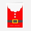 Santa Claus Coat with beard, fur, button and yellow belt. Big Merry Christmas greeting card. Red background. Flat design