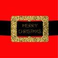 Santa Claus Coat with gold glitter belt. Merry Christmas greeting card. Flat design. Red background Royalty Free Stock Photo