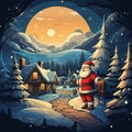 Santa Claus coming home from the village at night. Vector illustration. Generative AI