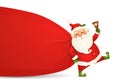 Santa Claus is coming. Santa Claus with huge, red, heavy bag with presents, gift boxes, jingle bell isolated. Happy Santa Claus ca