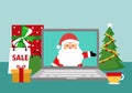 Santa Claus in computer screen on office desk with gifts and Christmas tree. Merry Christmas online concept vector illustration. X