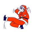 Santa Claus Cossack Dancing in Squatting Position. Christmas Character in Red Traditional Costume Perform Dance at Party