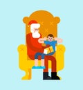 Santa Claus and crying little boy. Sanat on armchair. Christmas and New Year vector illustration