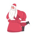 Santa Claus, Cute Christmas Character with Heavy Bag full of Gifts, Symbol of Xmas and New Year Holidays Cartoon Style