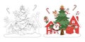 Santa Claus and cute Christmas characters with Christmas tree in snow village Royalty Free Stock Photo