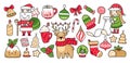 Santa Claus, cute christmas elf with a scroll of gifts, deer, pudding, holly and holiday decorations. Collection of xmas