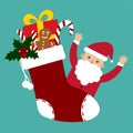 Santa Claus and cute christmas sock with gifts vector