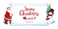 Santa Claus and cute snowman are holding a big Merry Christmas and Happy New Year greeting banner. Flat cartoon winter Royalty Free Stock Photo