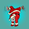 Santa Claus dancing, handstand. Christmas and New Year. Winter seasonal holiday Royalty Free Stock Photo