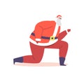 Santa Claus Dancing Standing on One Knee. Cool Christmas Character in Red Traditional Costume and Hat Performing Dance