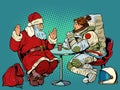 Santa Claus is on a date with a female astronaut. Restaurant or cafe. Christmas holidays