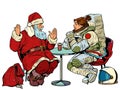 Santa Claus is on a date with a female astronaut. Restaurant or cafe. Christmas holidays