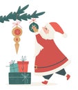 Santa Claus is decorating a Christmas tree. Vector vintage illustration of cute traditional Xmas character with gifts Royalty Free Stock Photo