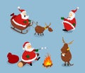 Santa Claus and deer in cartoon style. Isolated image of christmas characters. New Year`s scene