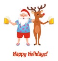 Santa Claus and deer having a beer. Vector illustration.