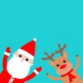 Santa Claus Deer Raindeer holding hands up. Peeking from corner. Merry Christmas. Red hat, costume, round beard. Cute cartoon Royalty Free Stock Photo