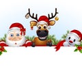 Santa claus,deer,and snowman cartoon with blank sign