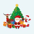 Cute Santa Claus, deer, snowman and christmas tree with garland lights cartoon vector illustration Royalty Free Stock Photo