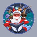 Santa Claus with a deer on a snowmobile