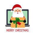 Santa Claus deliver gift via computer screen on white background in flat design. Santa giving presents online. Merry Christmas con