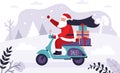 Santa Claus delivers gifts on motorbike. Santa claus carrying presents for christmas and new year. Grandfather on motorcycle with