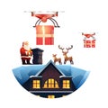 santa claus with delivery drones carrying gift box on snowy house roof merry christmas happy new year winter holidays Royalty Free Stock Photo